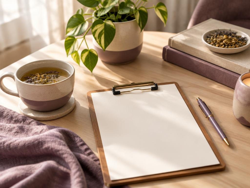 Clipboard, pen and herbal tea on a consultation desk