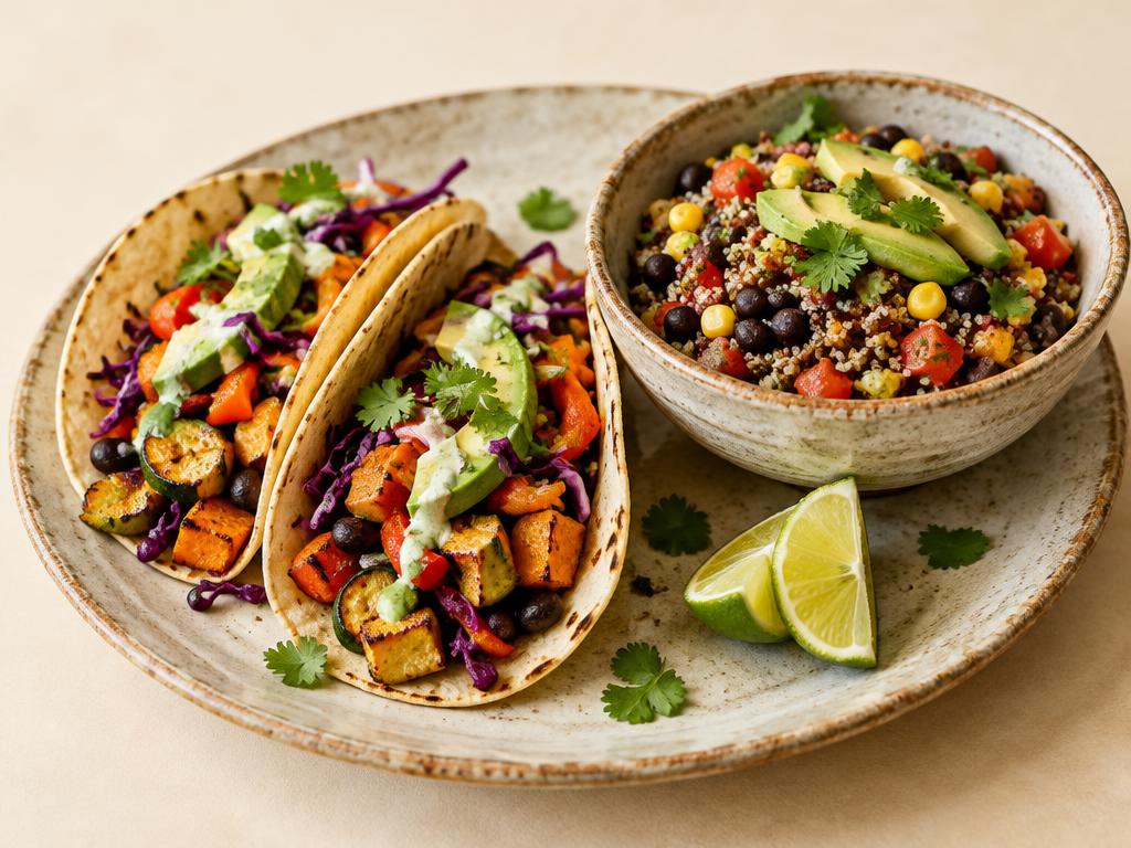 Plant-based tacos and a bean and grain bowl