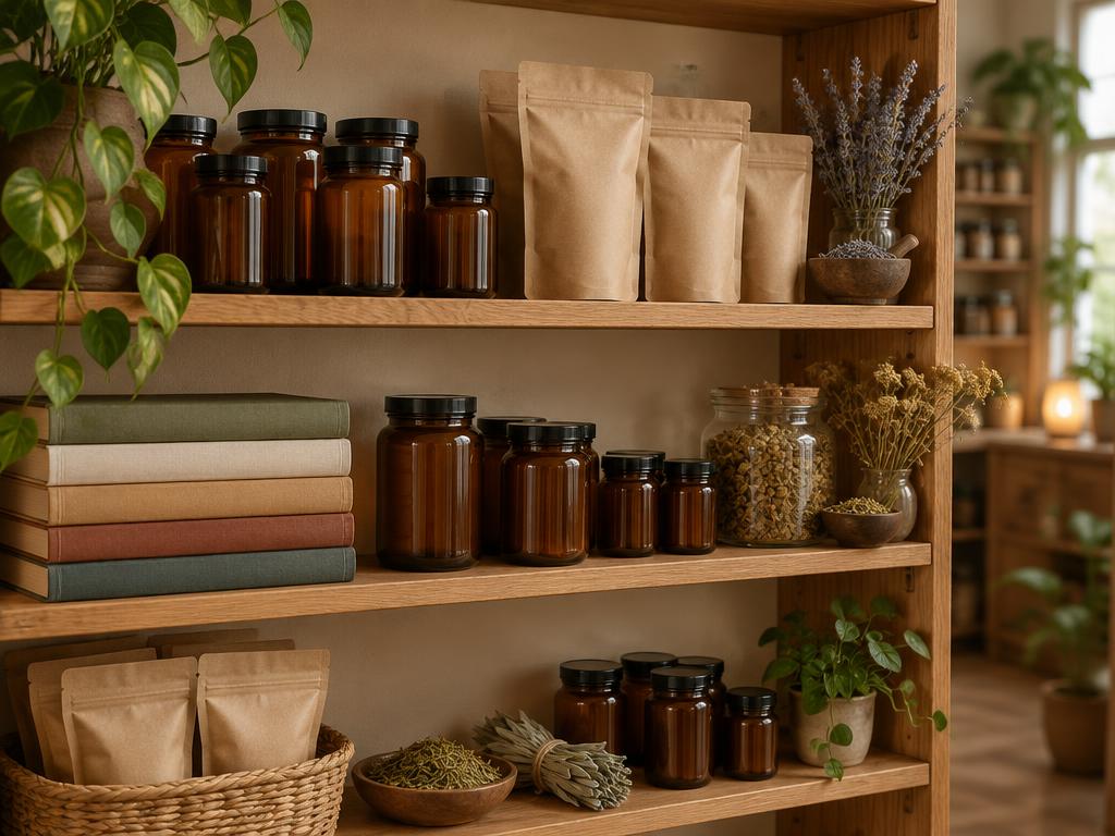 Shelves of jars, pouches and books
